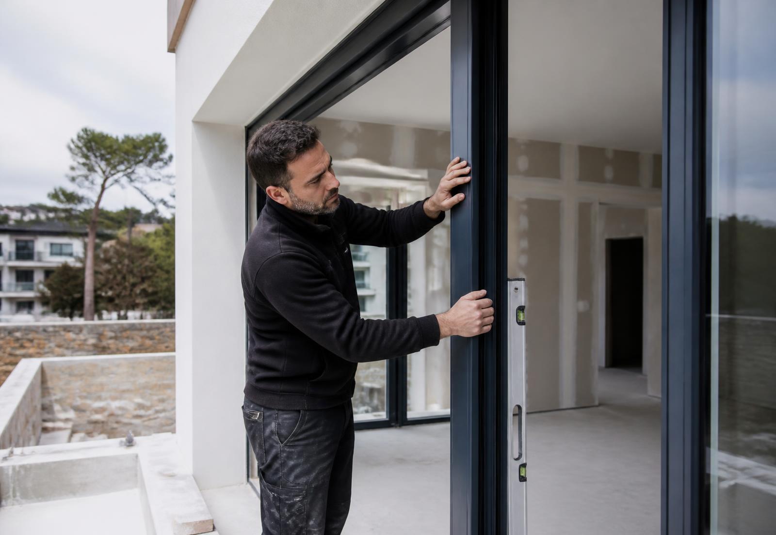 Profissional a instalar uma janela de alumínio numa moradia contemporânea
